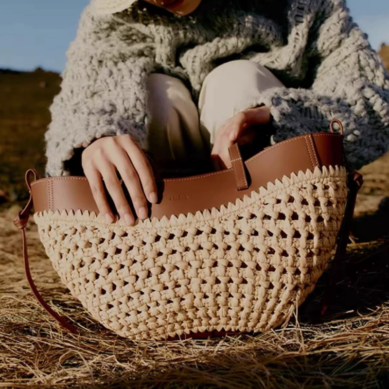 Women'S Raffia Bags - 2026 Summer Hollow-out Raffia and Pu