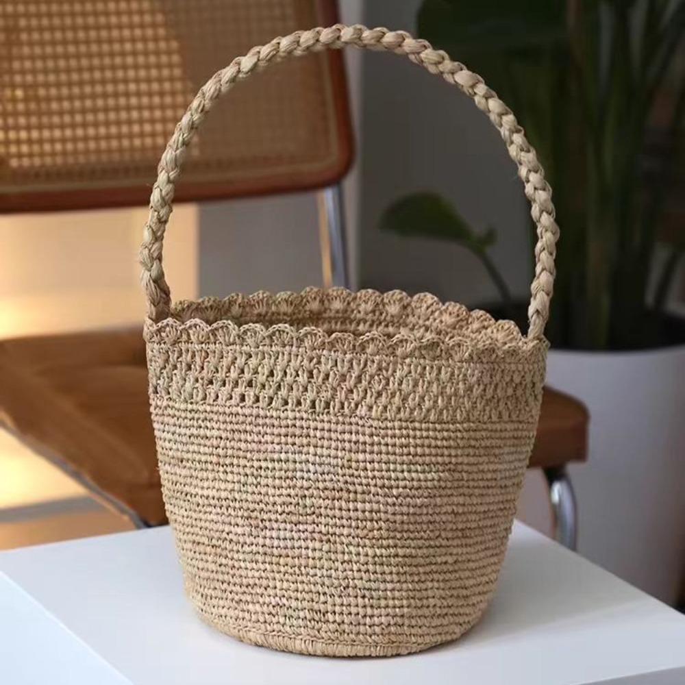 Women'S Raffia Bags - Handmade Crochet Straw Bucket Bag Bohemian